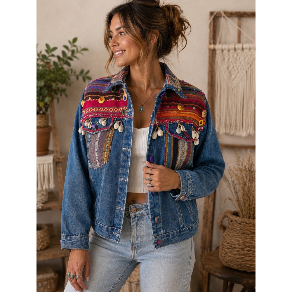 Joujou Denim Jacket Medium Blue Boho Embroidered Cowrie Shell Southwest Festival